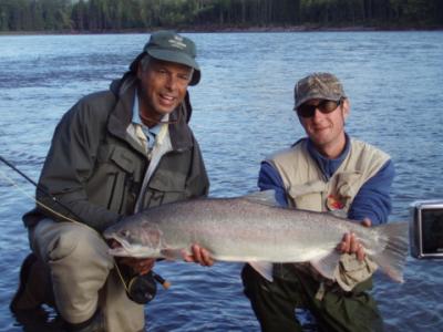 The photo of the week shows Nicholas Dean Lodge guest George Honore with his beautiful, bright, wild, summer-run Skeena River Steelhead.  Angling guide Sky Richard is holding the fish which was estimated to weigh around 16-pounds.  Photo credit - Jon Mill